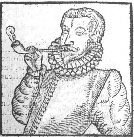已知的最早的男子吸烟的图片，来自 Anthony Chute 的小册子“Tabaco”。 Anthony Chute是一位英国诗人。1595 年，他 出版了《Tabaco》，这是第一本关于烟草优点的英文讨论。
